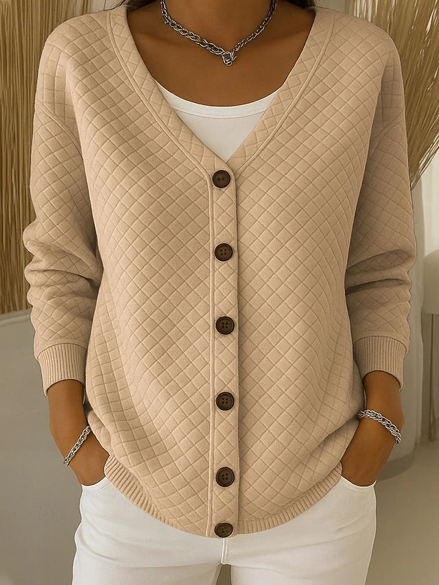 Women's diamond quilted button front cardigan with V-neck and long sleeves