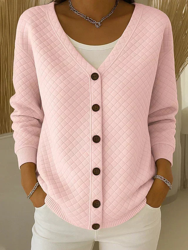 Women's diamond quilted button front cardigan with V-neck and long sleeves