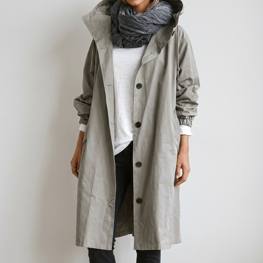 Women's long hooded trench coat with button front and elastic cuffs