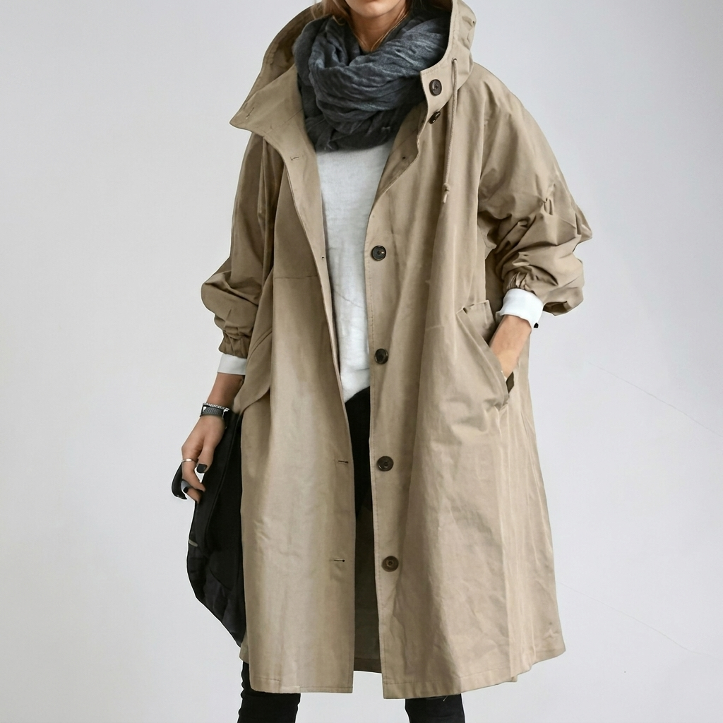 Women's long hooded trench coat with button front and elastic cuffs