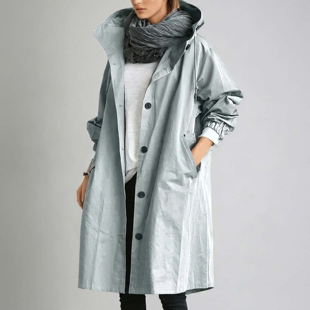 Women's long hooded trench coat with button front and elastic cuffs