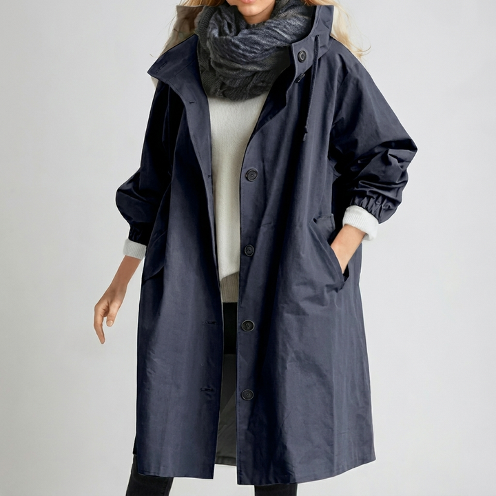 Women's long hooded trench coat with button front and elastic cuffs