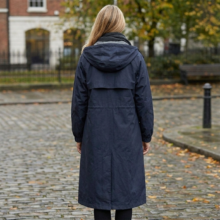 Women's long hooded trench coat with button front and elastic cuffs