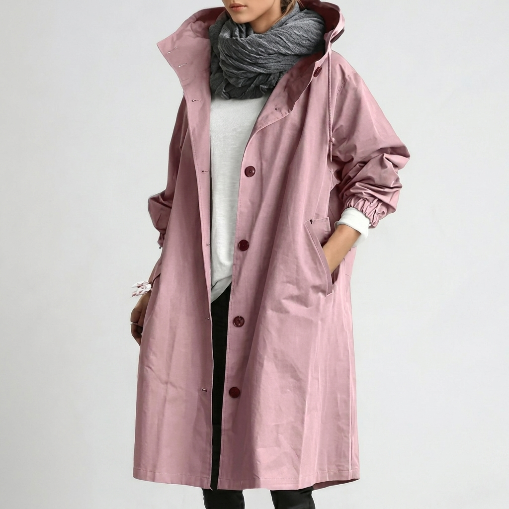 Women's long hooded trench coat with button front and elastic cuffs