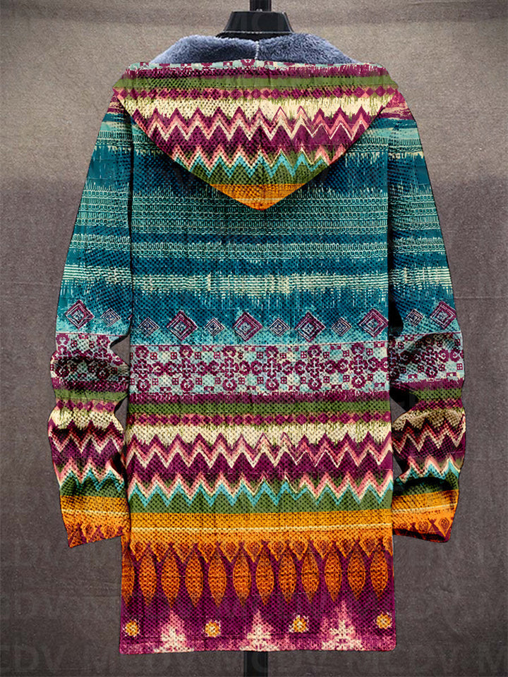 Unisex multicolor geometric zip-up hoodie with hood and long sleeves