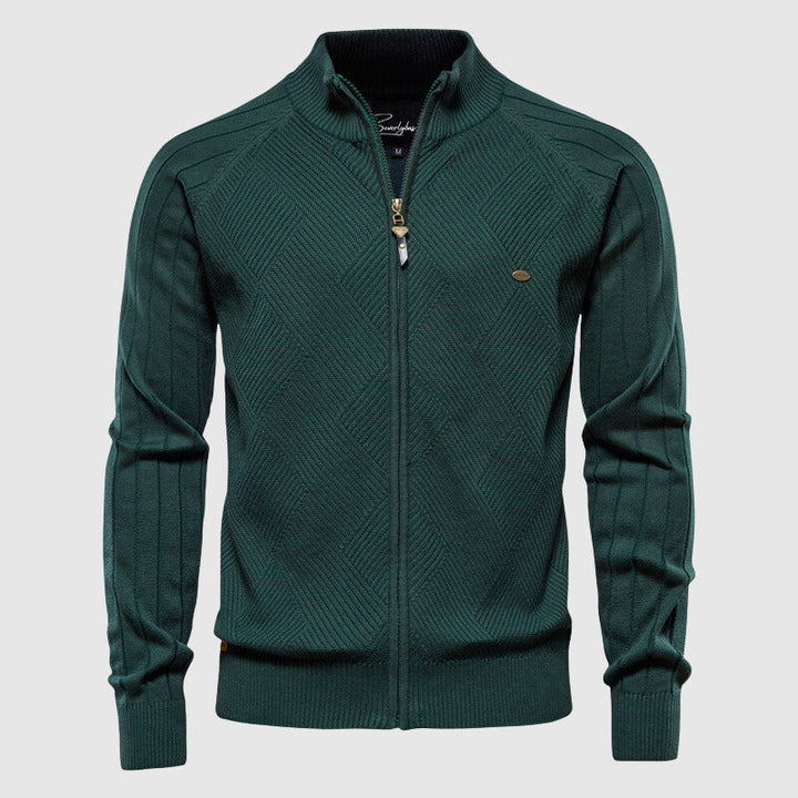 Men's full-zip textured cardigan with stand collar and long sleeves