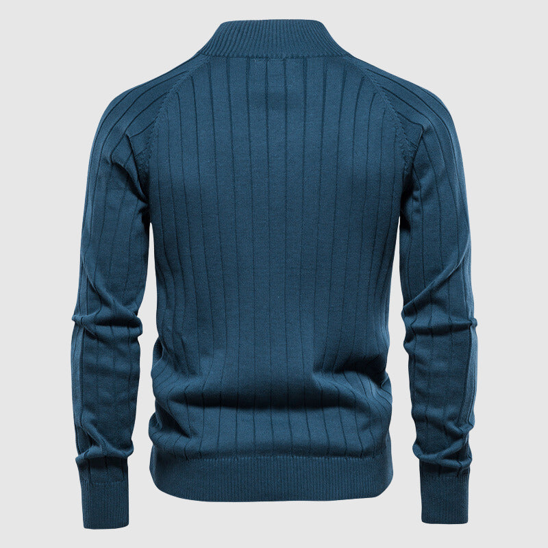 Men's full-zip textured cardigan with stand collar and long sleeves