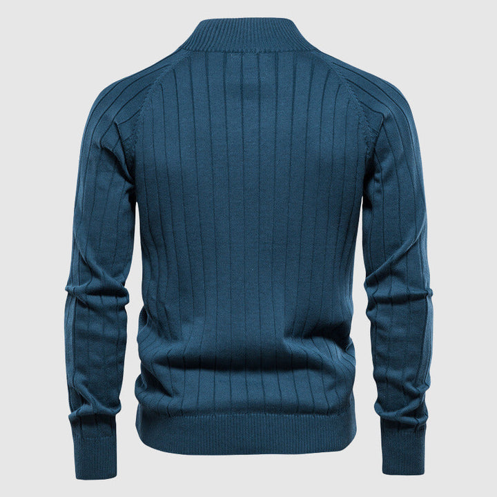 Men's full-zip textured cardigan with stand collar and long sleeves