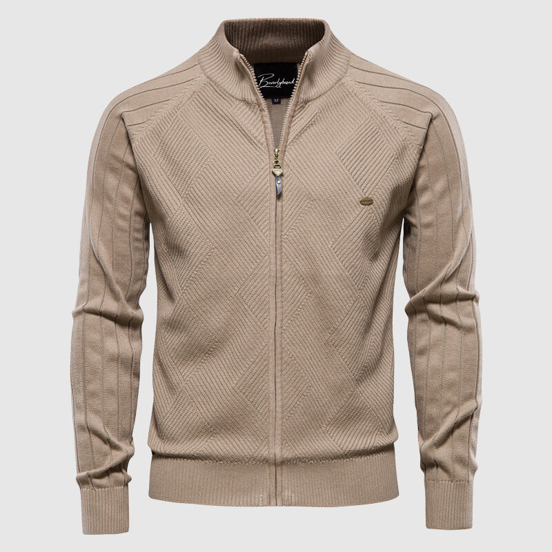 Men's full-zip textured cardigan with stand collar and long sleeves