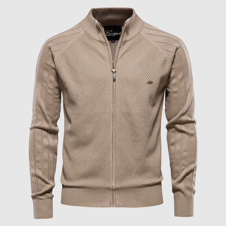 Men's full-zip textured cardigan with stand collar and long sleeves