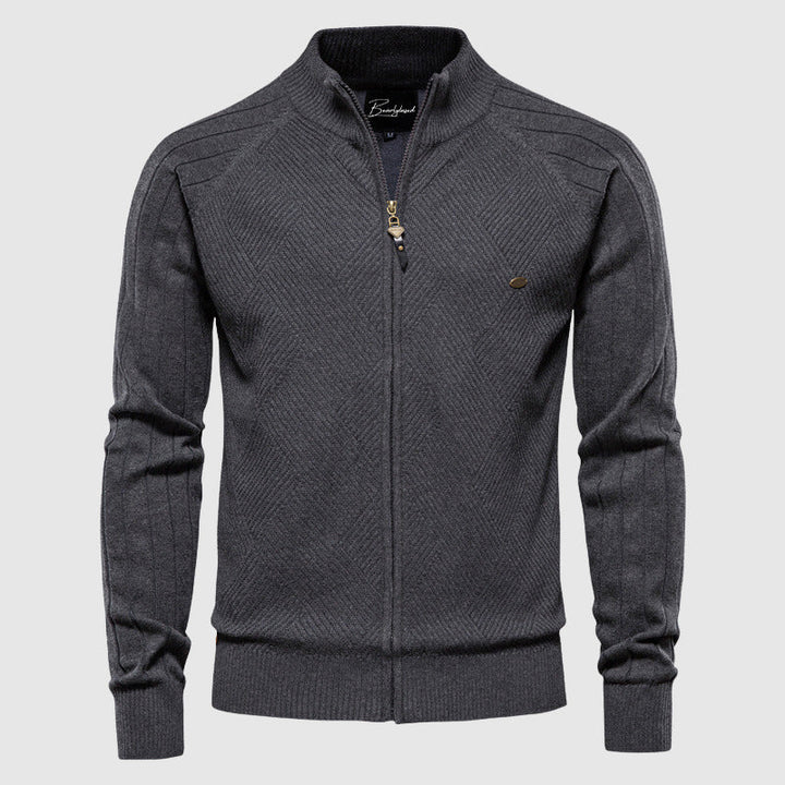 Men's full-zip textured cardigan with stand collar and long sleeves