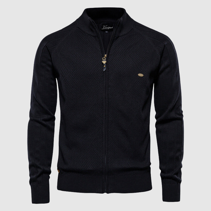 Men's full-zip textured cardigan with stand collar and long sleeves
