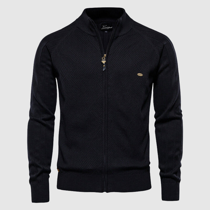 Men's full-zip textured cardigan with stand collar and long sleeves