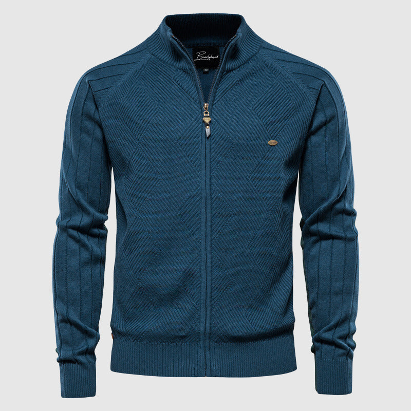 Men's full-zip textured cardigan with stand collar and long sleeves