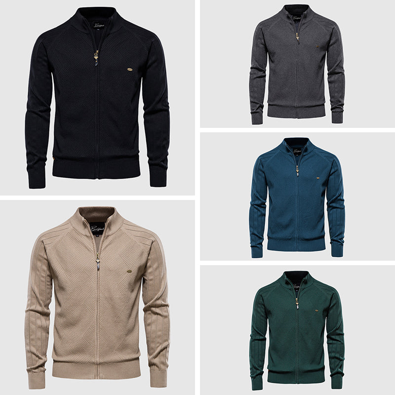 Men's full-zip textured cardigan with stand collar and long sleeves