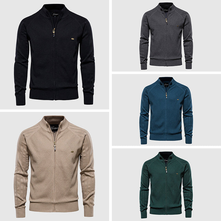 Men's full-zip textured cardigan with stand collar and long sleeves