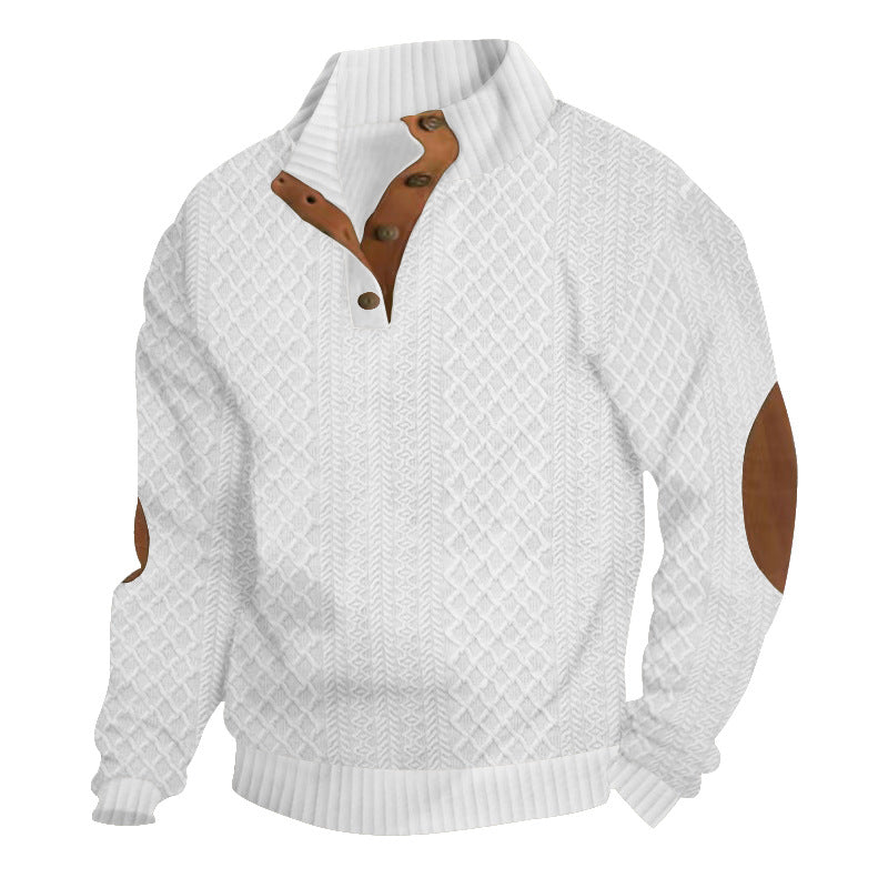 Men's textured knit sweater with mock neck, button placket and elbow patches