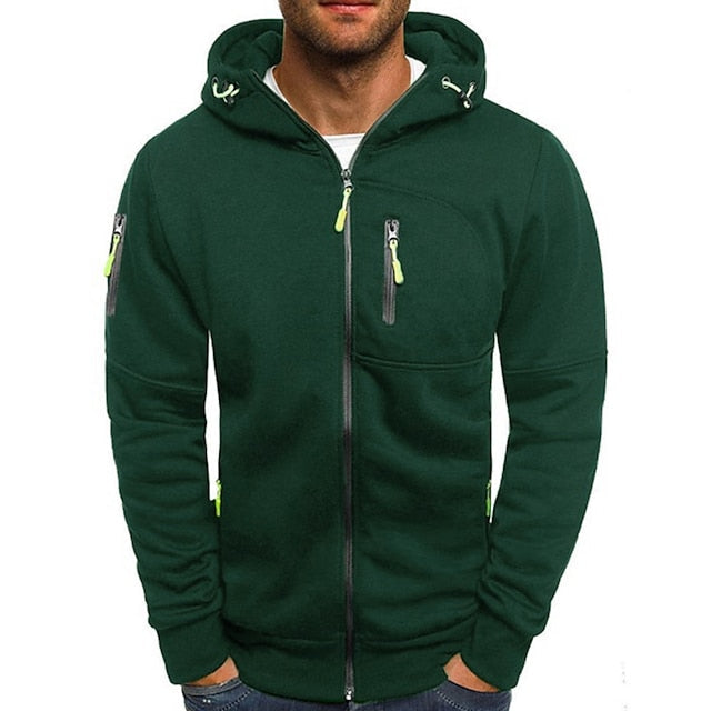 Men's hooded zip-up sweatshirt with long sleeves and multiple zipped pockets