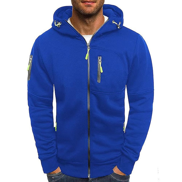 Men's hooded zip-up sweatshirt with long sleeves and multiple zipped pockets