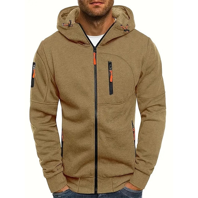 Men's hooded zip-up sweatshirt with long sleeves and multiple zipped pockets