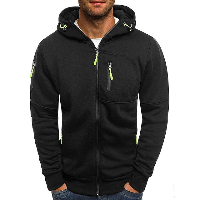Men's hooded zip-up sweatshirt with long sleeves and multiple zipped pockets