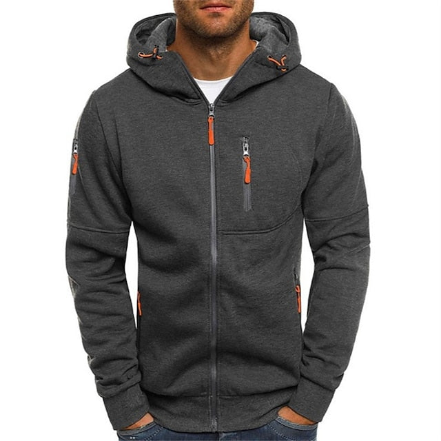 Men's hooded zip-up sweatshirt with long sleeves and multiple zipped pockets