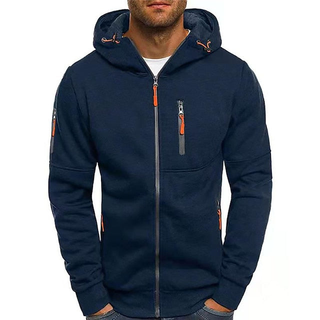Men's hooded zip-up sweatshirt with long sleeves and multiple zipped pockets