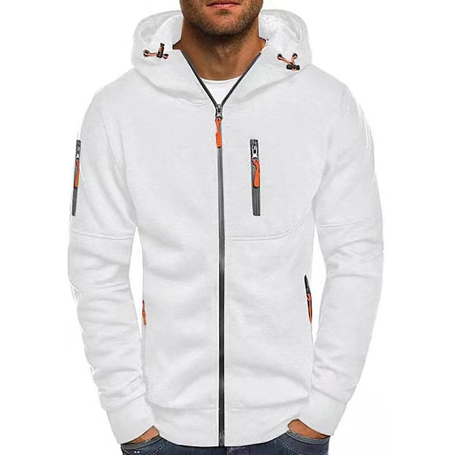Men's hooded zip-up sweatshirt with long sleeves and multiple zipped pockets