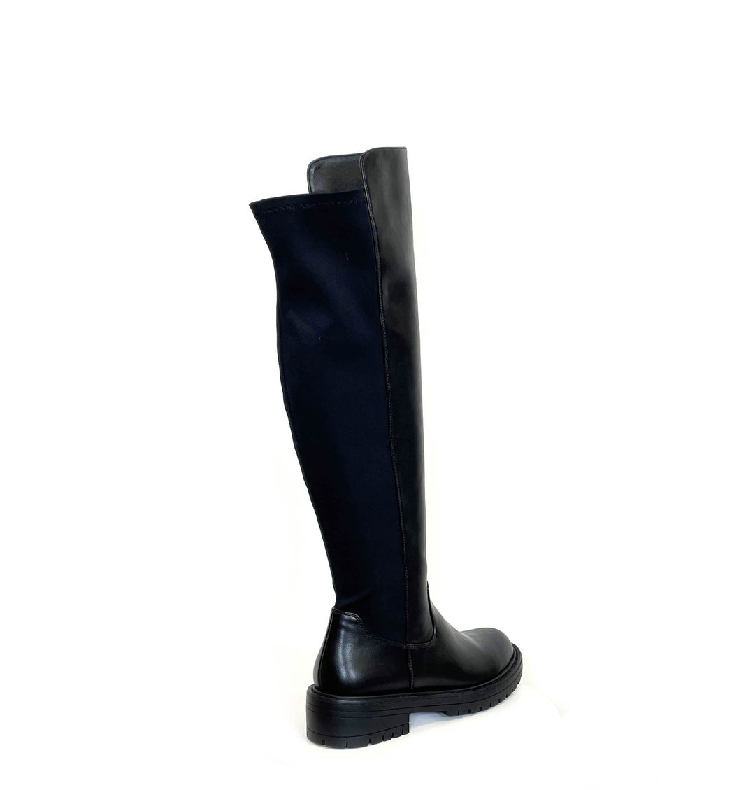 Women's black knee-high boots with round toes and low block heels