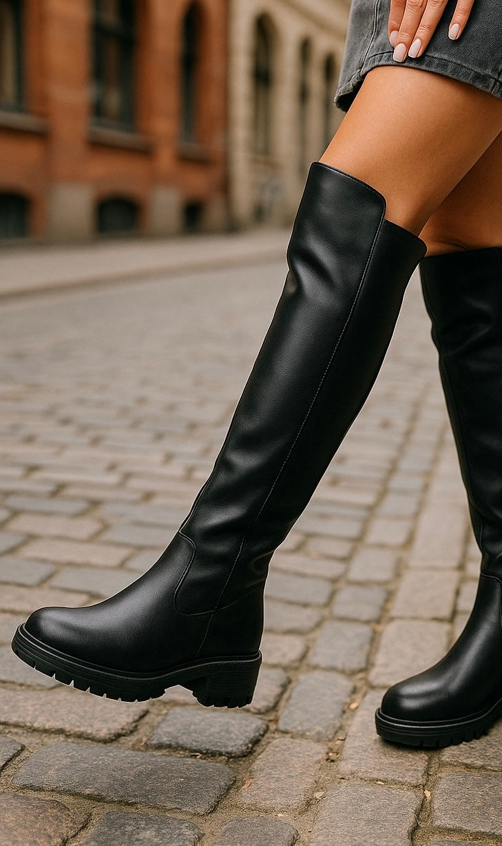Women's black knee-high boots with round toes and low block heels