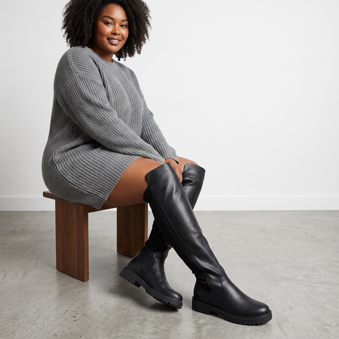 Women's black knee-high boots with round toes and low block heels