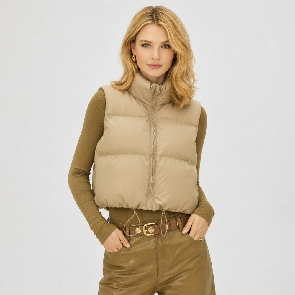 Women's cropped quilted puffer vest with high collar and front zipper