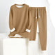 Women's two-piece lounge set with long-sleeve crew neck top and drawstring trousers