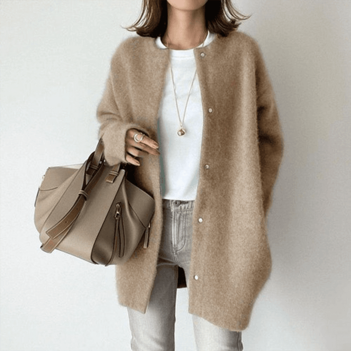Women's long button front cardigan with round neck and long sleeves