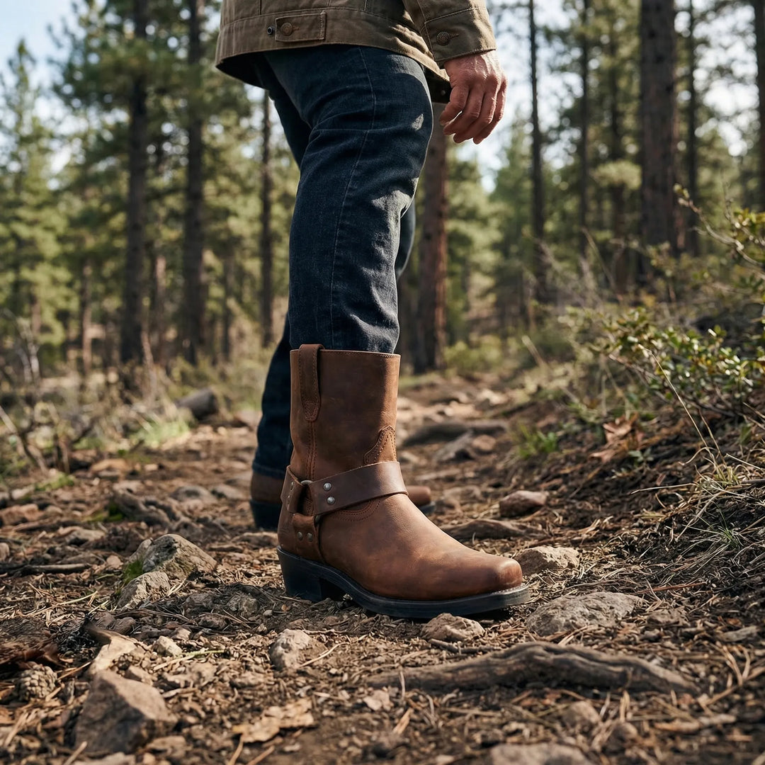 Men's western cowboy boot with harness strap and block heel