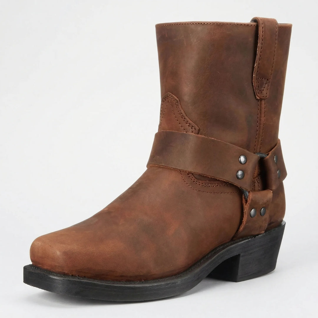 Men's western cowboy boot with harness strap and block heel