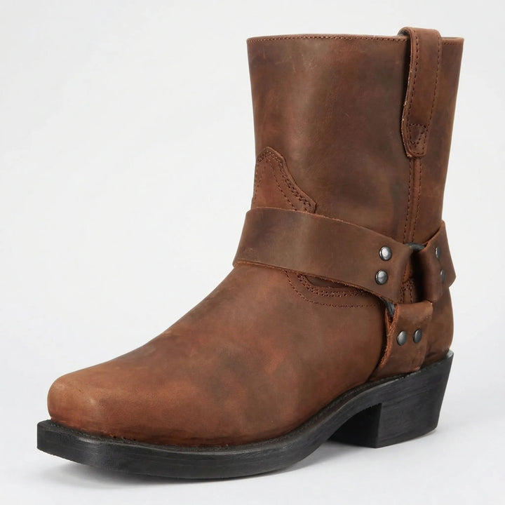 Men's western cowboy boot with harness strap and block heel
