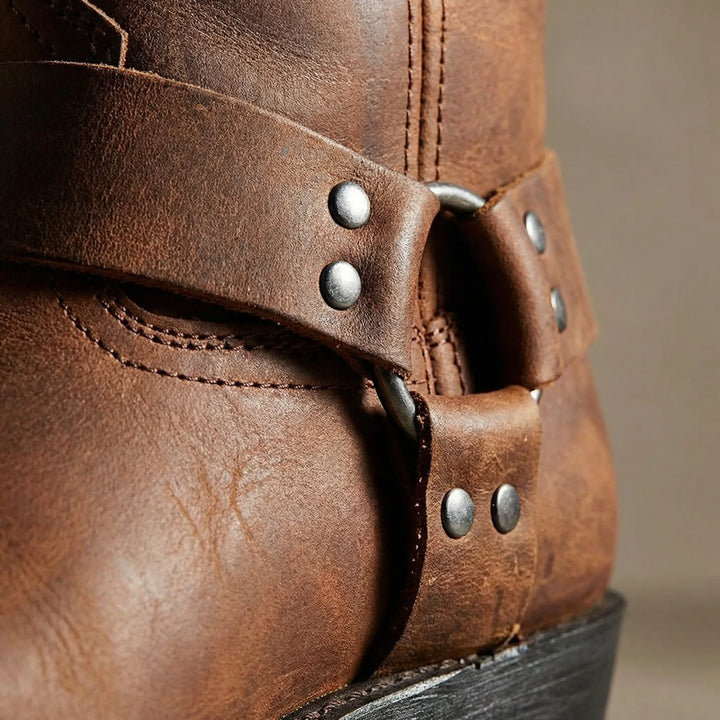 Men's western cowboy boot with harness strap and block heel