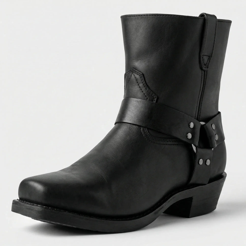 Men's western cowboy boot with harness strap and block heel