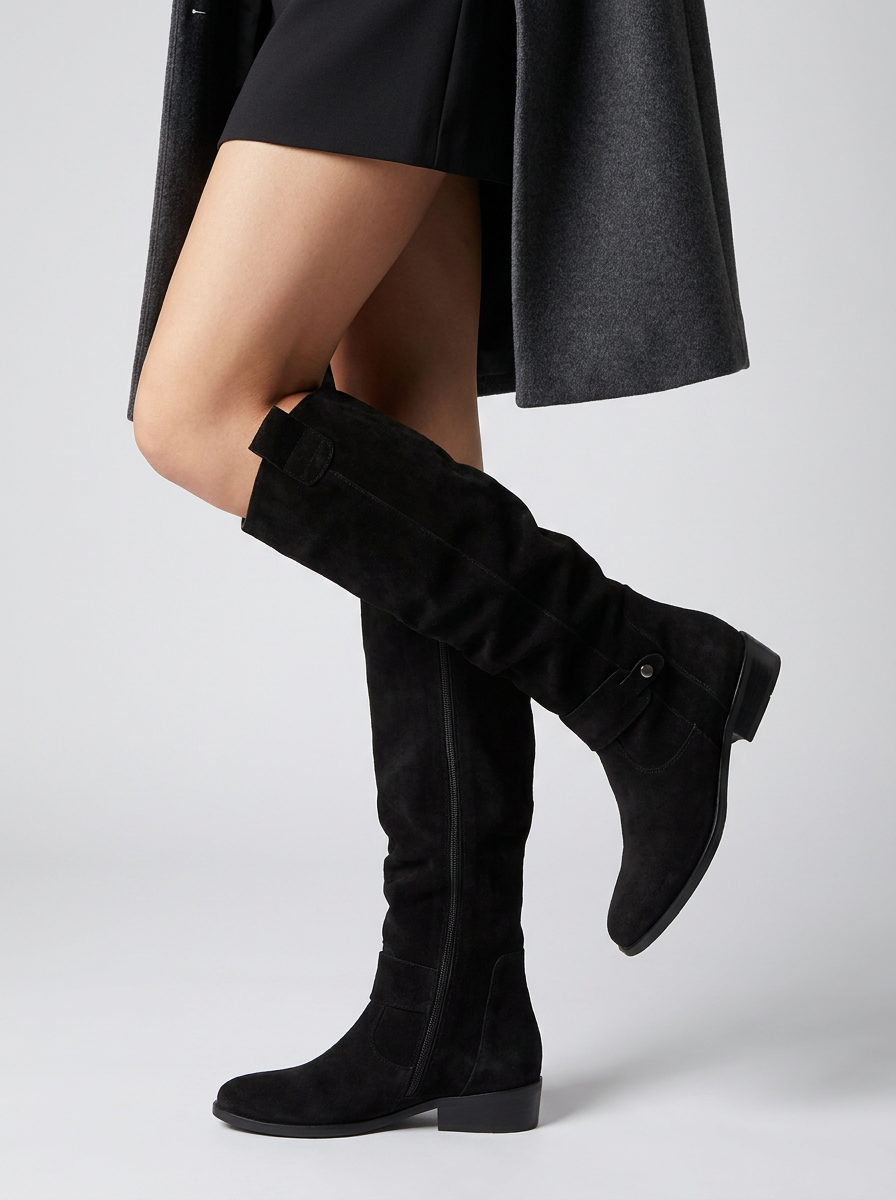 Women's knee high slouchy boots with buckle detail and low heel