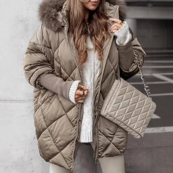 Women's quilted hooded puffer coat with diamond stitching and plush-looking trim