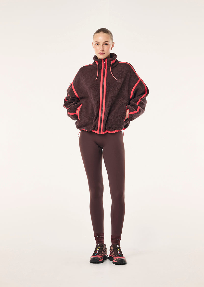 Women's cropped sherpa jacket with hood and bright contrast trim