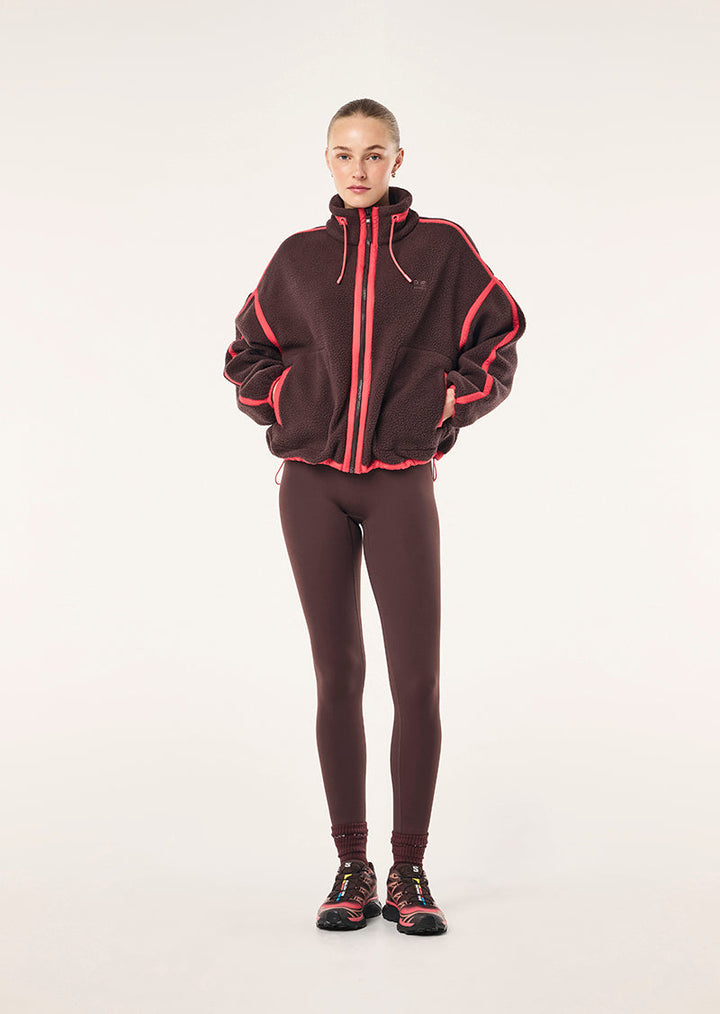 Women's cropped sherpa jacket with hood and bright contrast trim