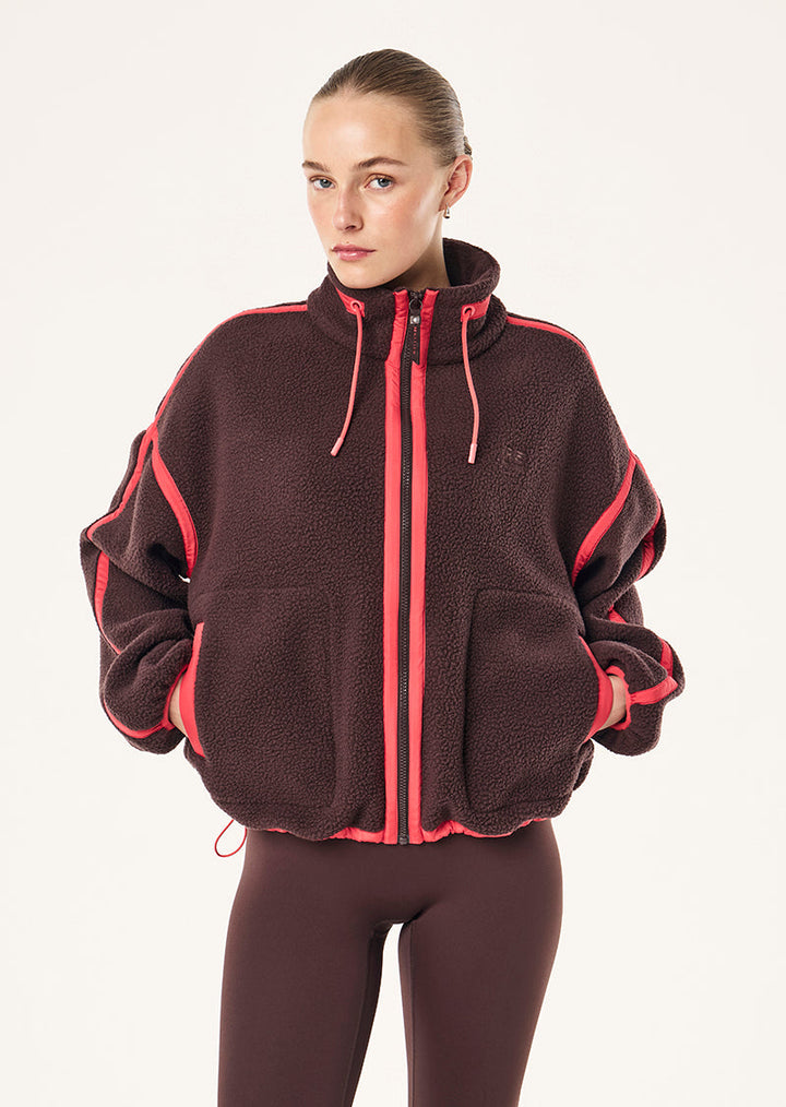Women's cropped sherpa jacket with hood and bright contrast trim