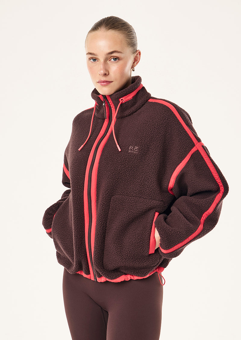 Women's cropped sherpa jacket with hood and bright contrast trim