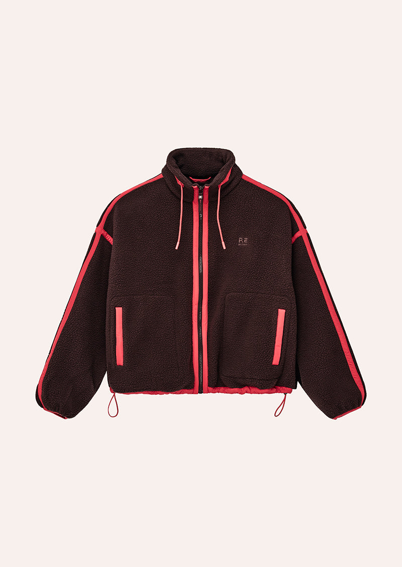 Women's cropped sherpa jacket with hood and bright contrast trim