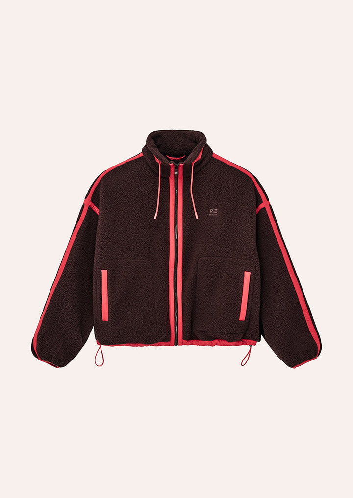 Women's cropped sherpa jacket with hood and bright contrast trim
