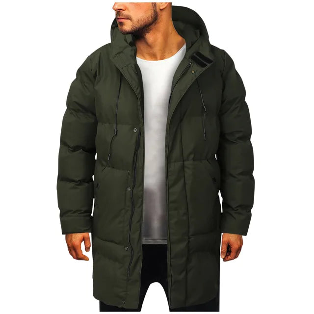 Men's longline hooded puffer coat with quilted panels and front pockets