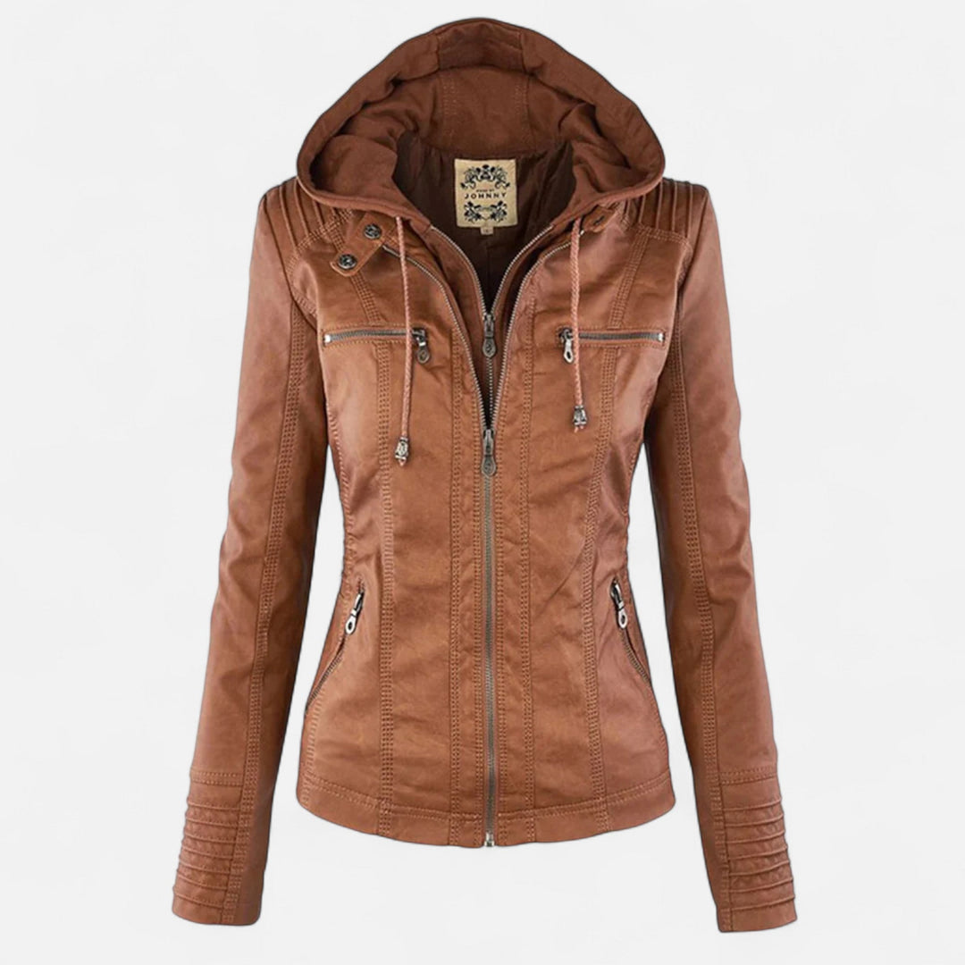 Women's hooded jacket with long sleeves and multiple zipped pockets