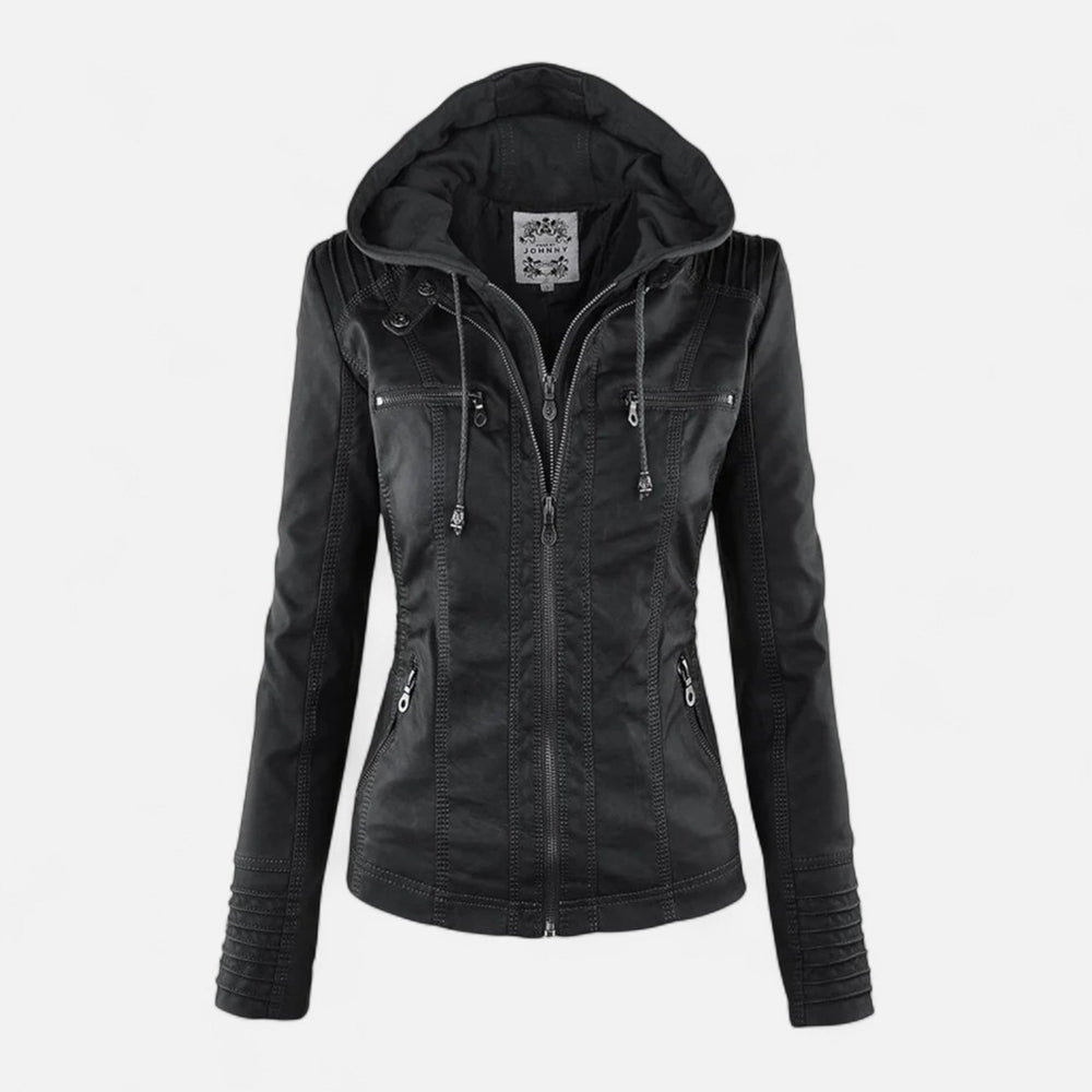 Women's hooded jacket with long sleeves and multiple zipped pockets